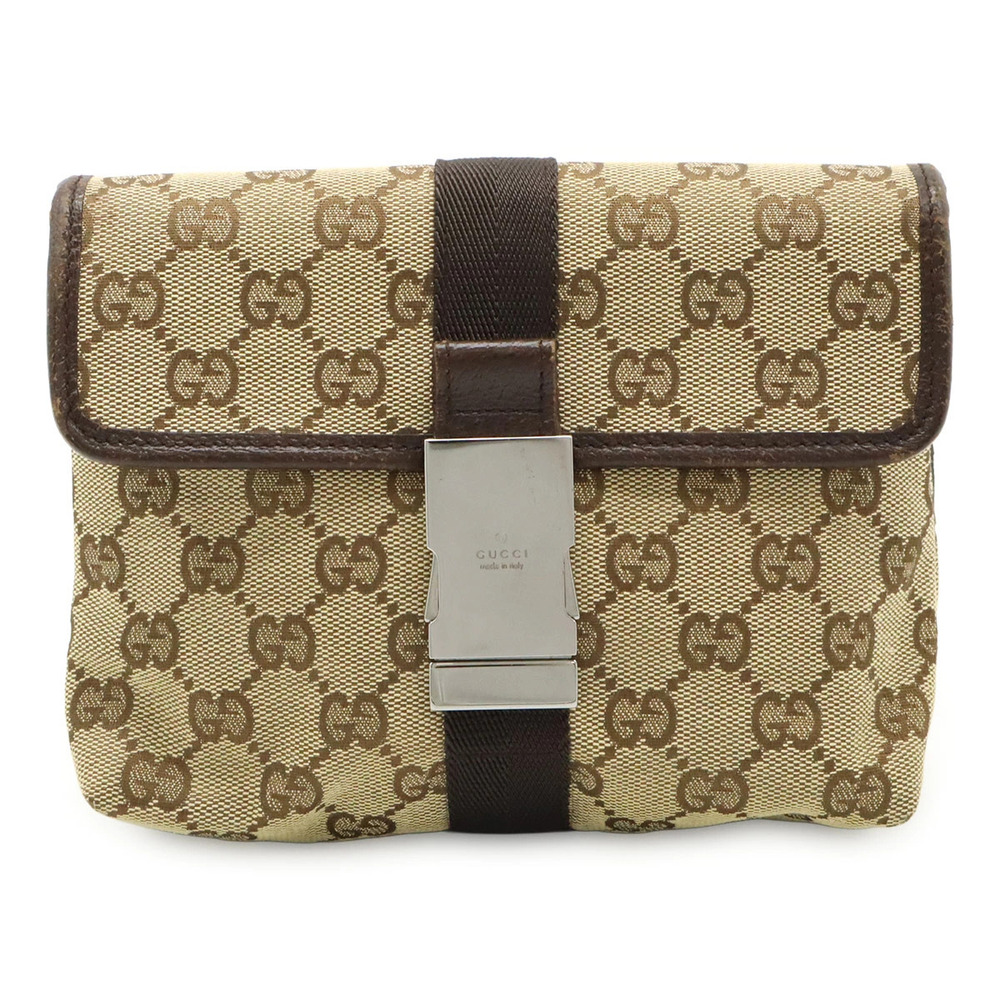 Gucci GG Canvas Body Belt Bag Waist Beige Cream Leather Dark Brown